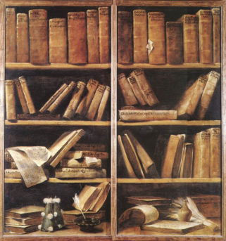 Trompe l’oeil che rappresenta le ante di una libreria appartenuta a Padre Giambattista Martini. Museo internazionale e biblioteca della musica di Bologna